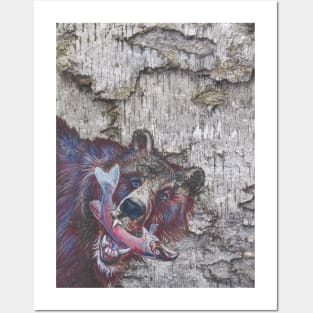 Majestic Grizzly Bear Art on Birch Bark - Wildlife Painting Posters and Art